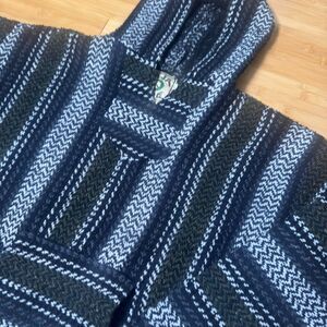 Baja Joe Baja Hoodie Pullover Black White Green Size L Mexican Woven Boho Grunge